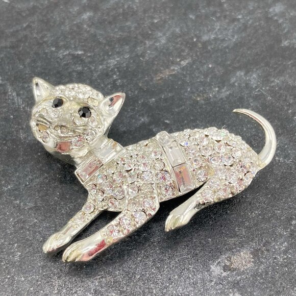VINTAGE Clear rhinestone and silver tone metal cat brooch 1940s 1950s kitty pin - Picture 4 of 8